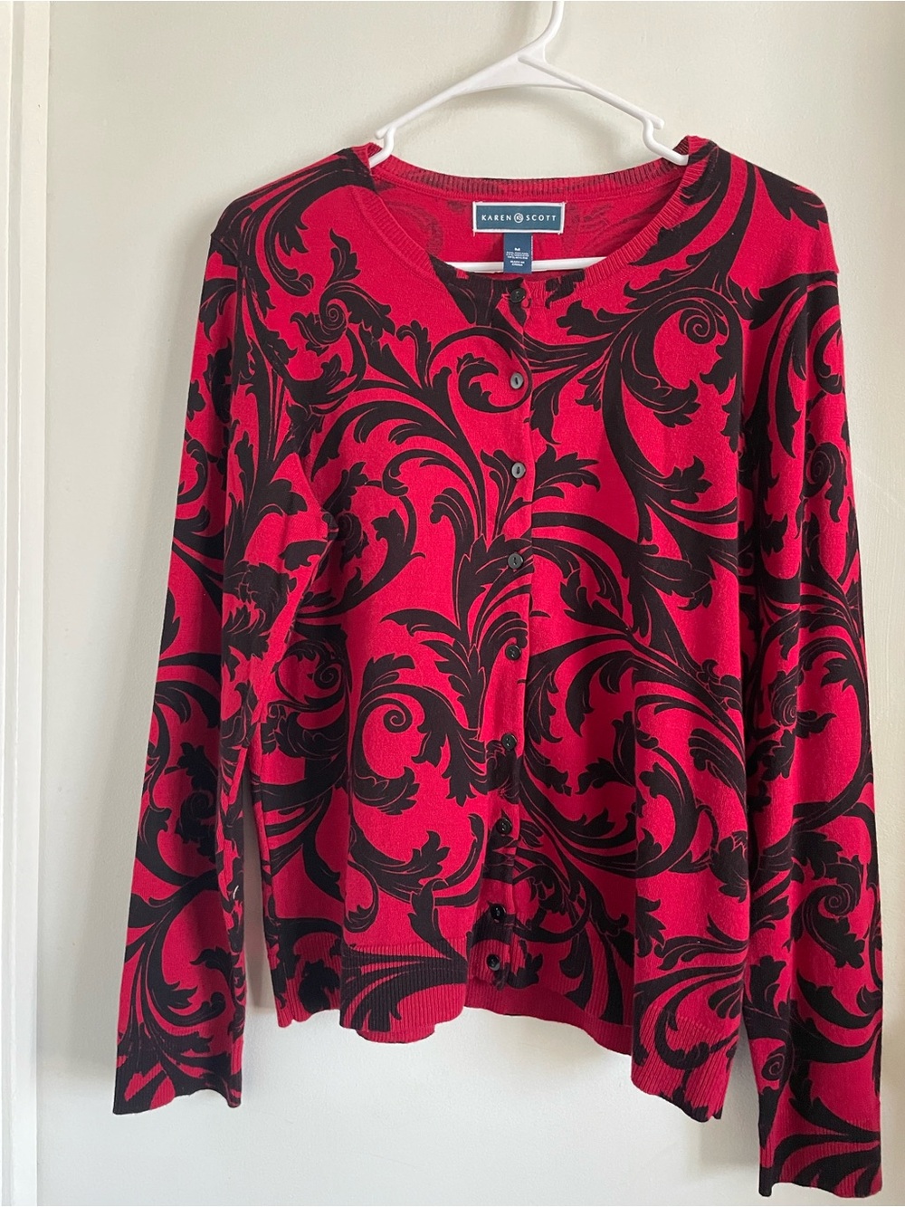 Karen Scott Red and Black Scroll-Print Button Front Top
